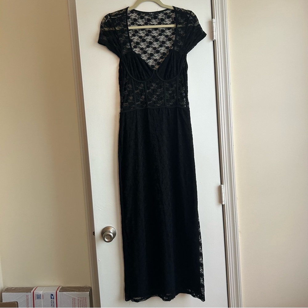 Lulu’s Black Lace Maxi Dress Sheer Bodice XL Gothic, Costume, Whimsigoth